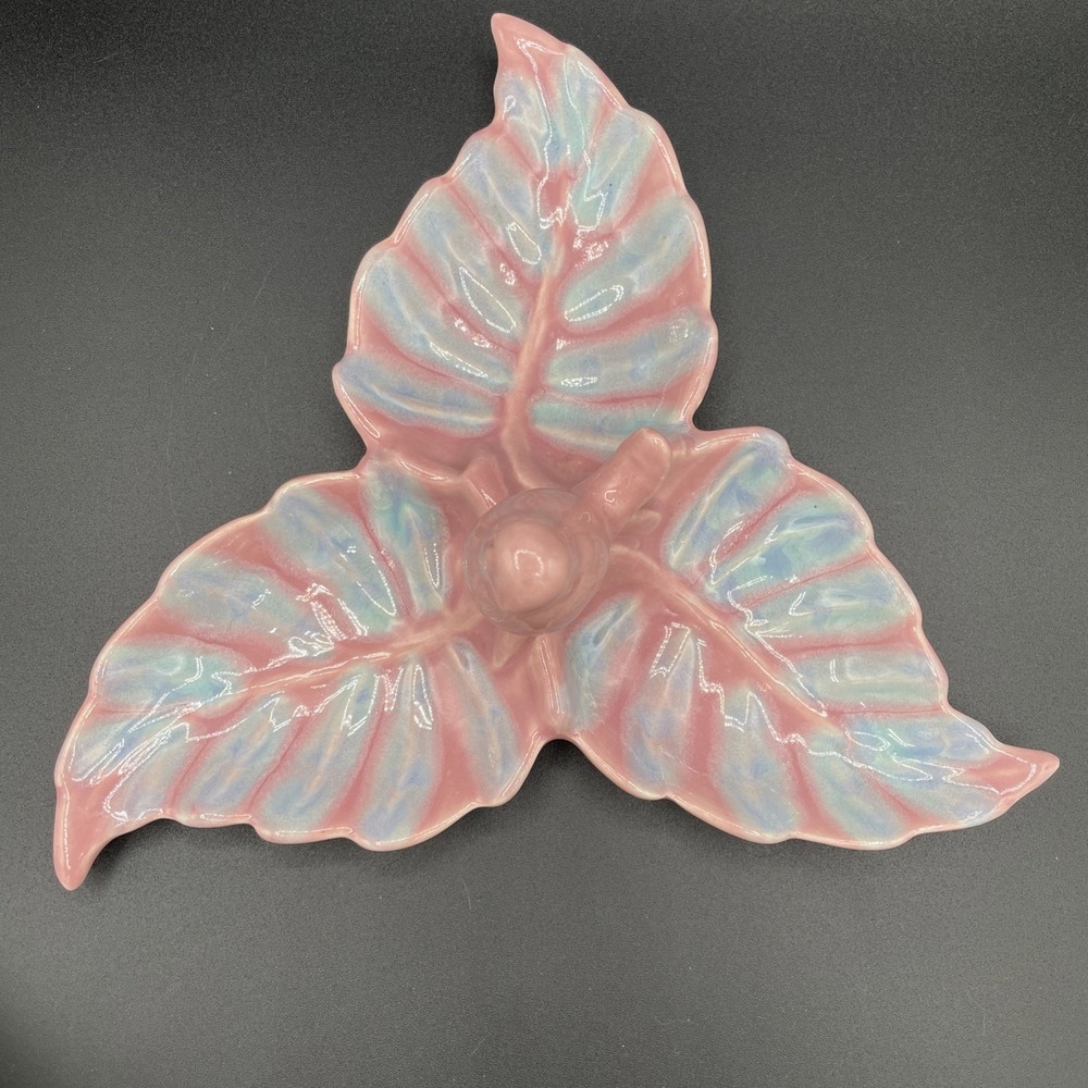 Vintage 1950's Royal Copley 3 Leaf Trinket Dish Pink Blue With Bird Incised USA - Picture 6 of 14